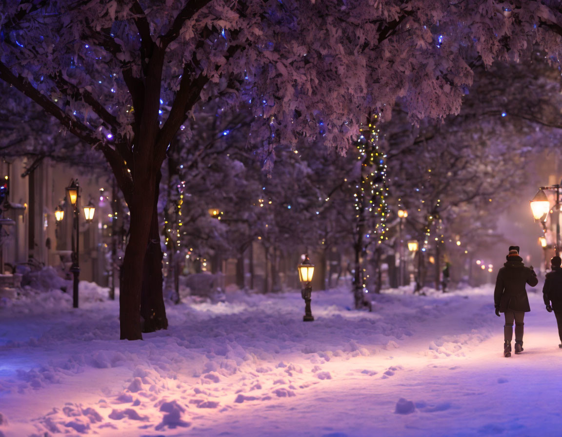 Snowy Evening Scene: People Walking Under Glowing Street Lamps