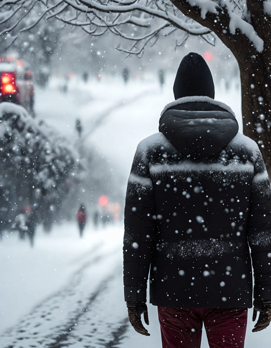 Person in winter jacket standing in snowfall with snow-covered trees and firetruck