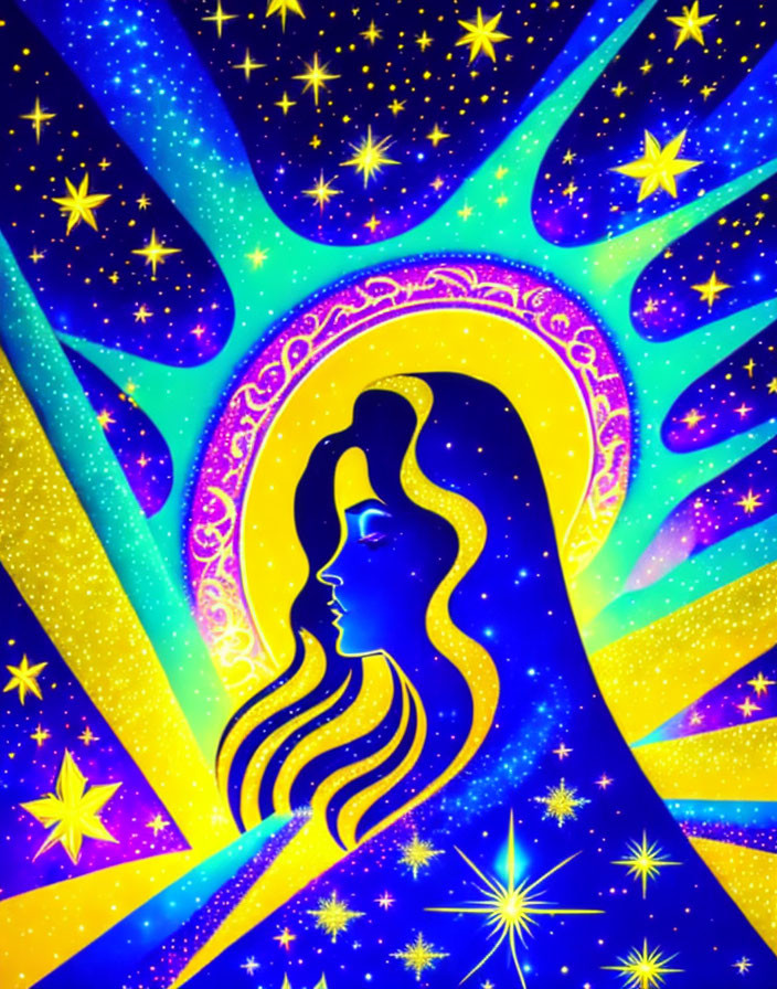 Colorful cosmic woman silhouette with swirling stars.