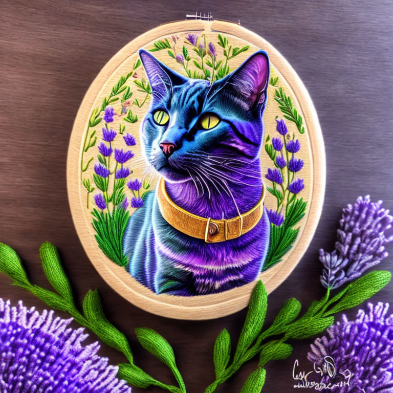 Majestic black cat with golden collar in lavender flower backdrop