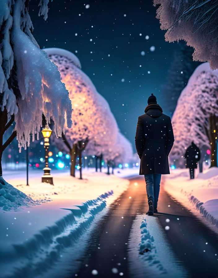 Person in Winter Coat Walking on Snowy Path at Night