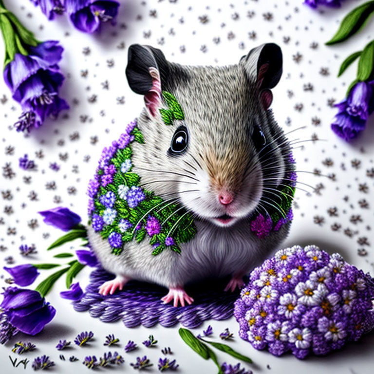 Floral-patterned cute hamster surrounded by purple flowers