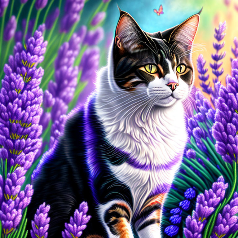 Vibrant Cat Illustration Among Purple Lavender Flowers