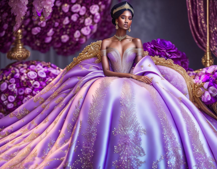 Regal woman in purple and gold ball gown with tiara and opulent floral backdrop