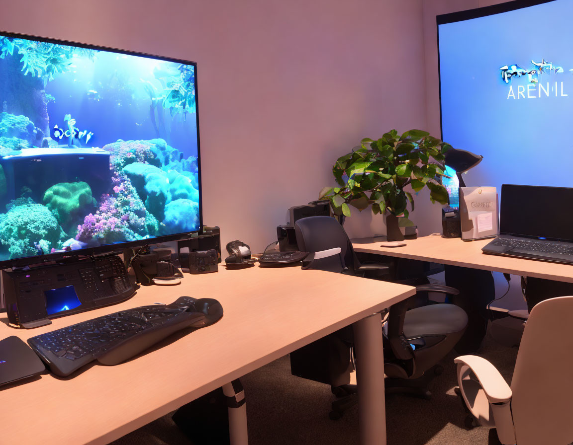 Contemporary office with workstations, aquarium, and plant.