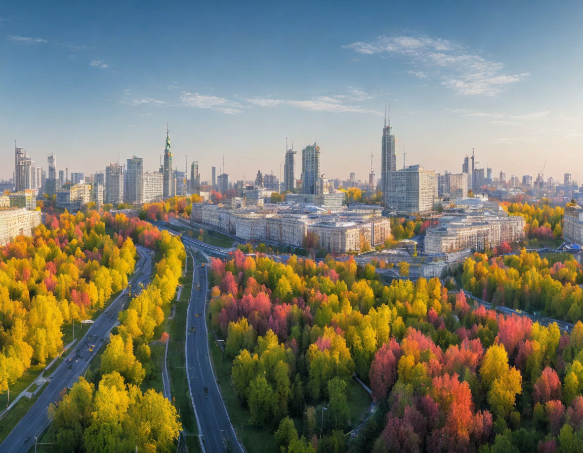 City skyline with skyscrapers and autumn foliage at sunrise or sunset