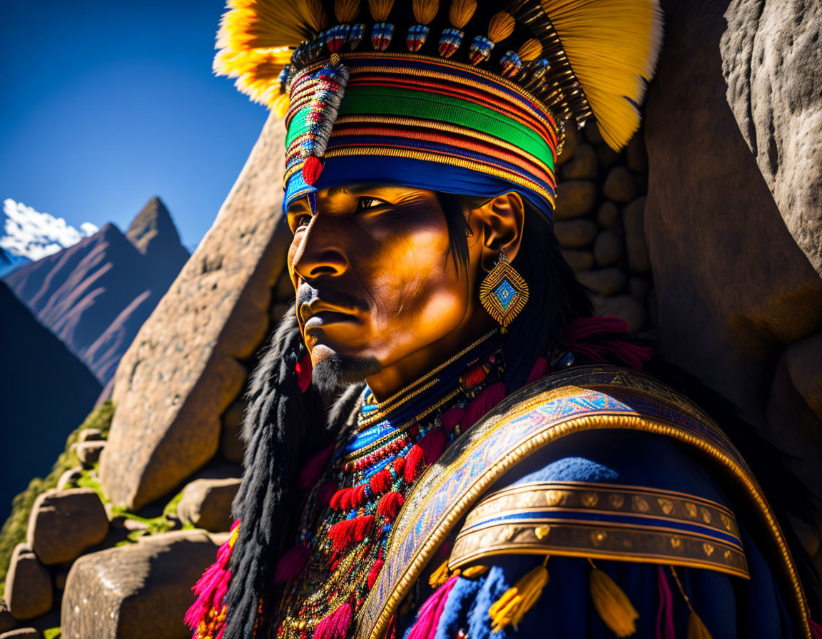 Traditional Andean dressed person near ancient stone walls in bright sunlight