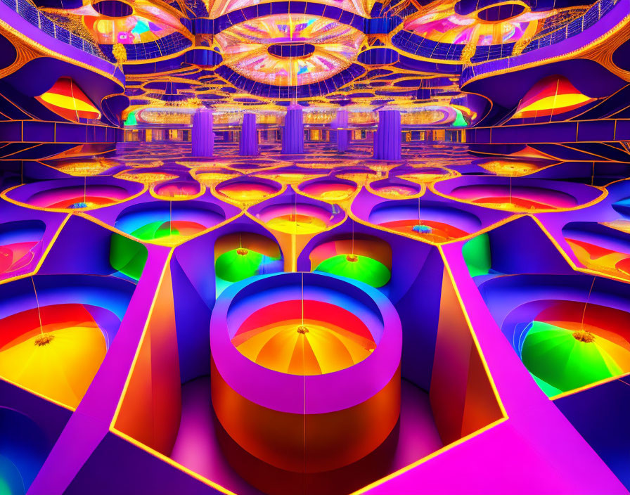 Psychedelic mirrored room with neon lights & circular patterns