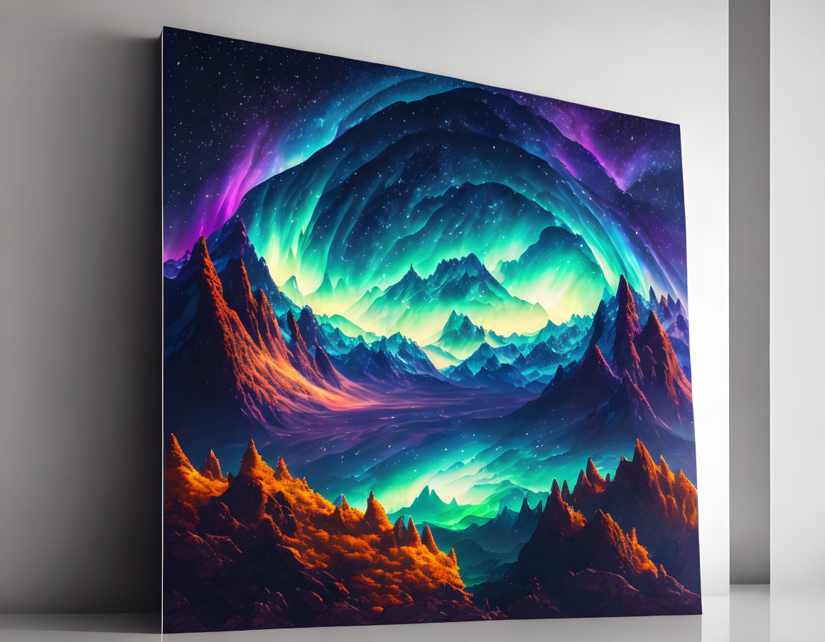 Aurora over mountain landscape canvas print on white wall