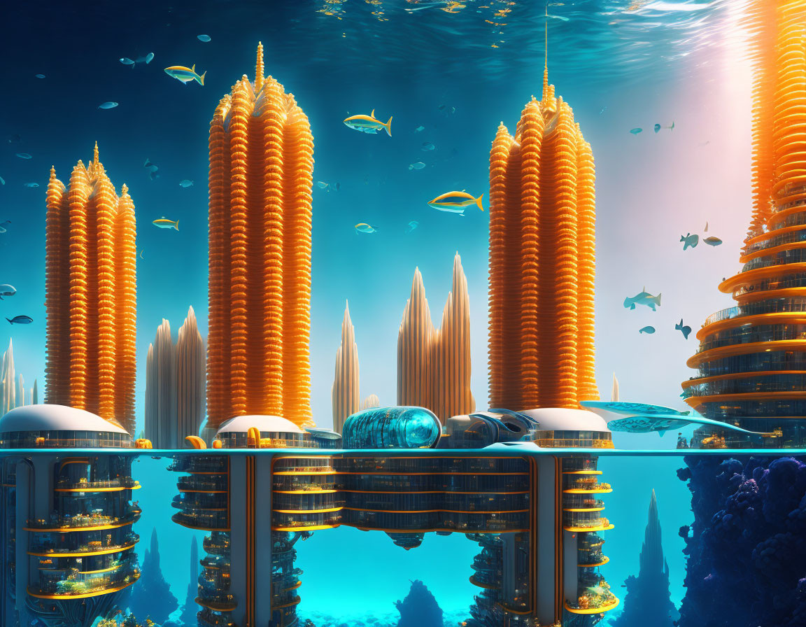 Colorful underwater city with coral structures, futuristic buildings, fish, and sunbeam.