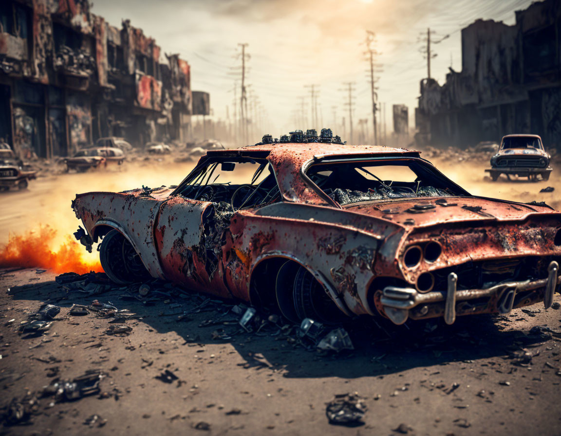 Abandoned rust-covered car in war-torn street with flames