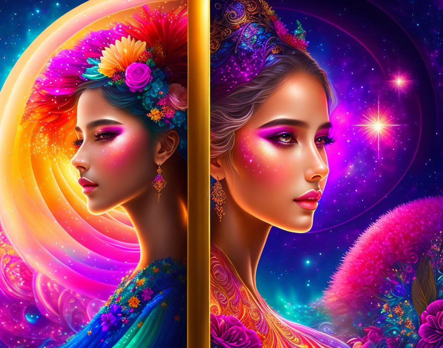 Colorful digital artwork: Two women in profile with vibrant headdresses on cosmic background.