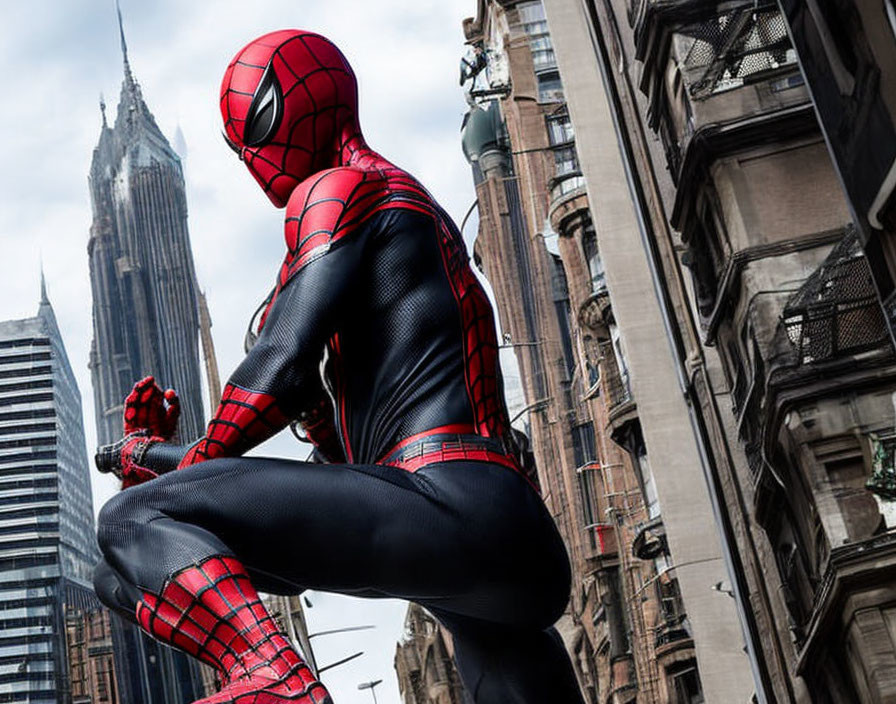 Person in Spider-Man costume posing on city rooftop with skyscrapers