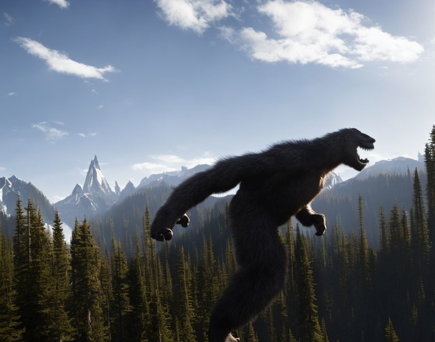 Furry creature leaping over pine forest with mountains in the background