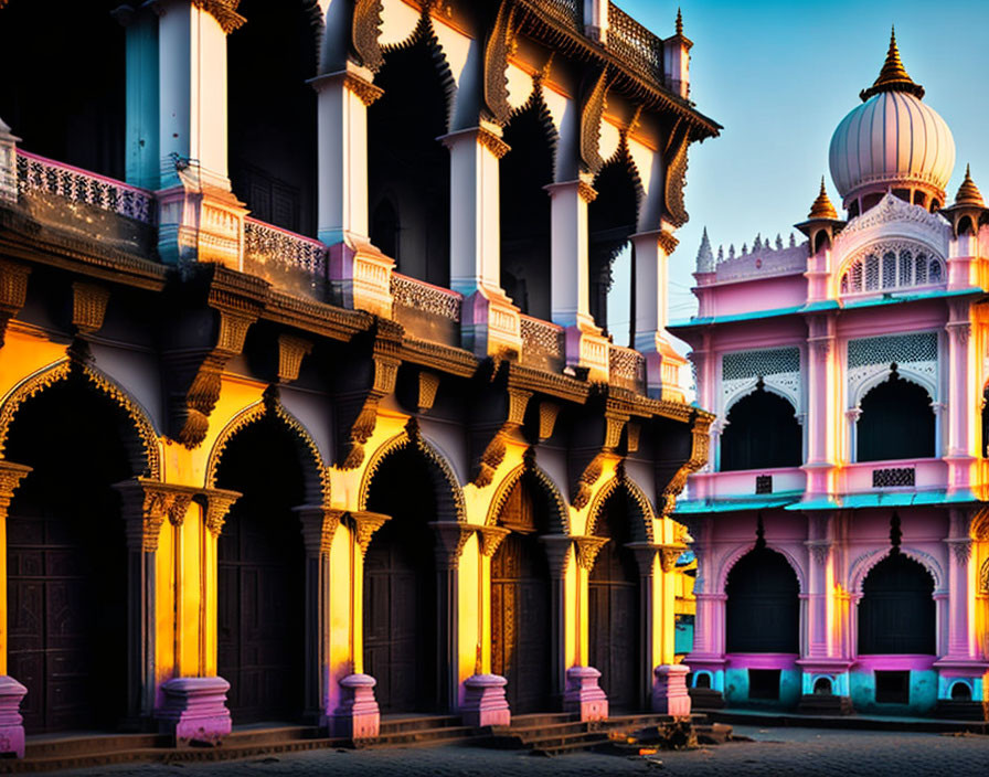 Traditional Indian architecture with arched doorways and domed tower at sunset