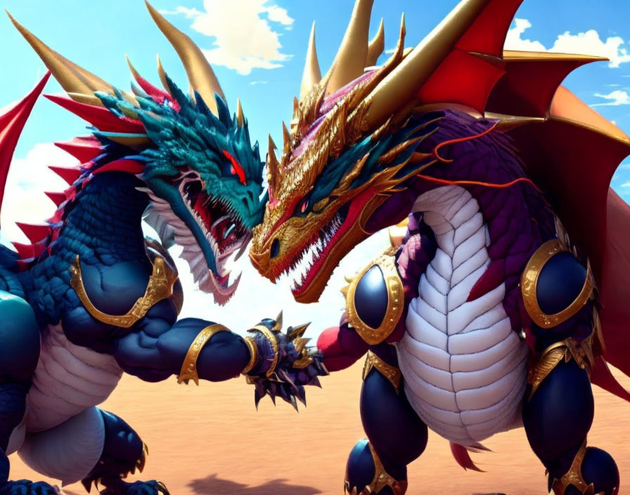 Colorful animated dragons face each other under a blue sky