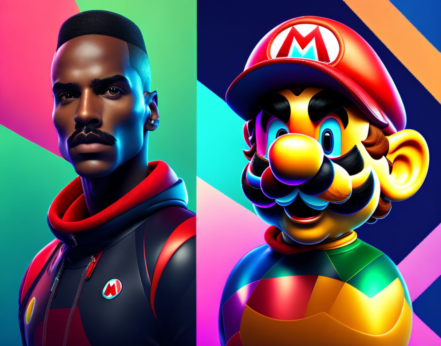 Realistic man and stylized Mario character split-image on vibrant background