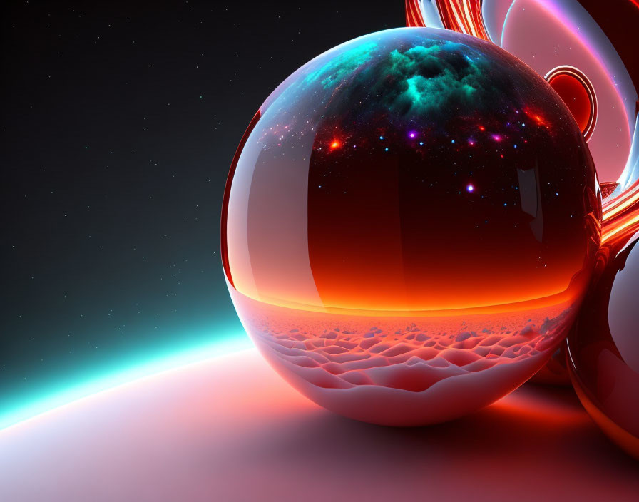 Colorful Digital Art: Glossy Sphere Reflecting Cosmic Scene