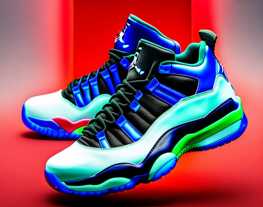 Blue and White High-Top Basketball Sneakers on Red Background