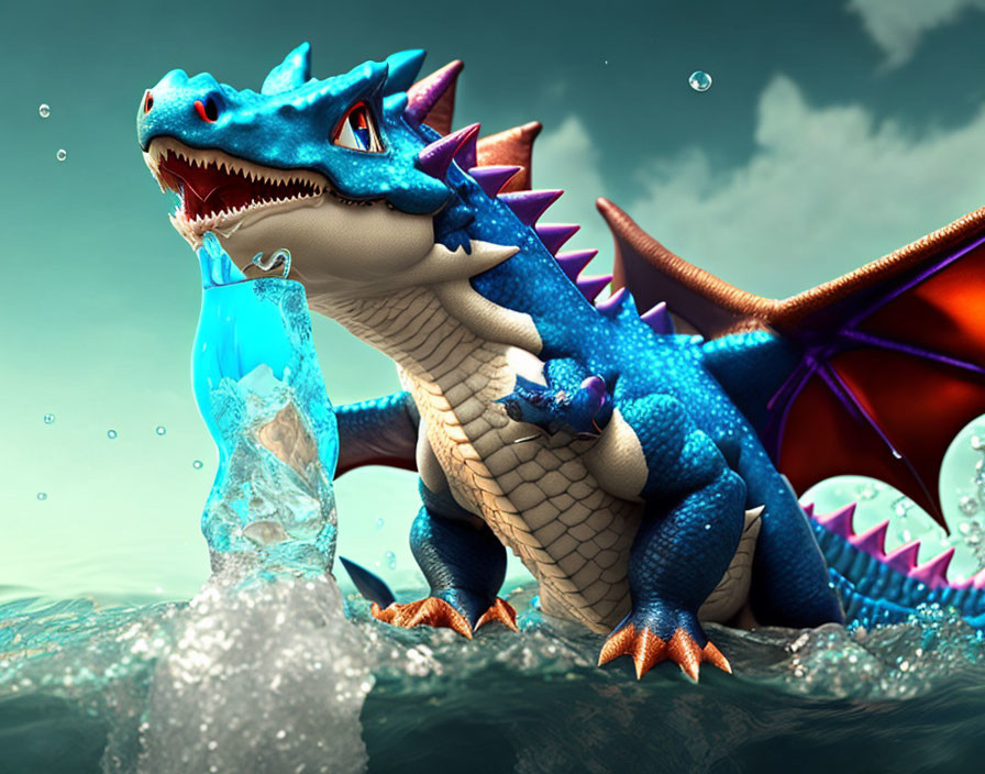 Colorful blue dragon with purple spikes and orange wings in water splash scene