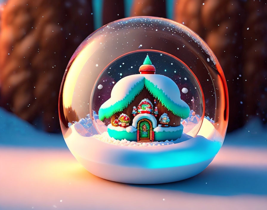 Miniature winter scene in a vibrant snow globe with snow-covered cottage and serene snowy backdrop.