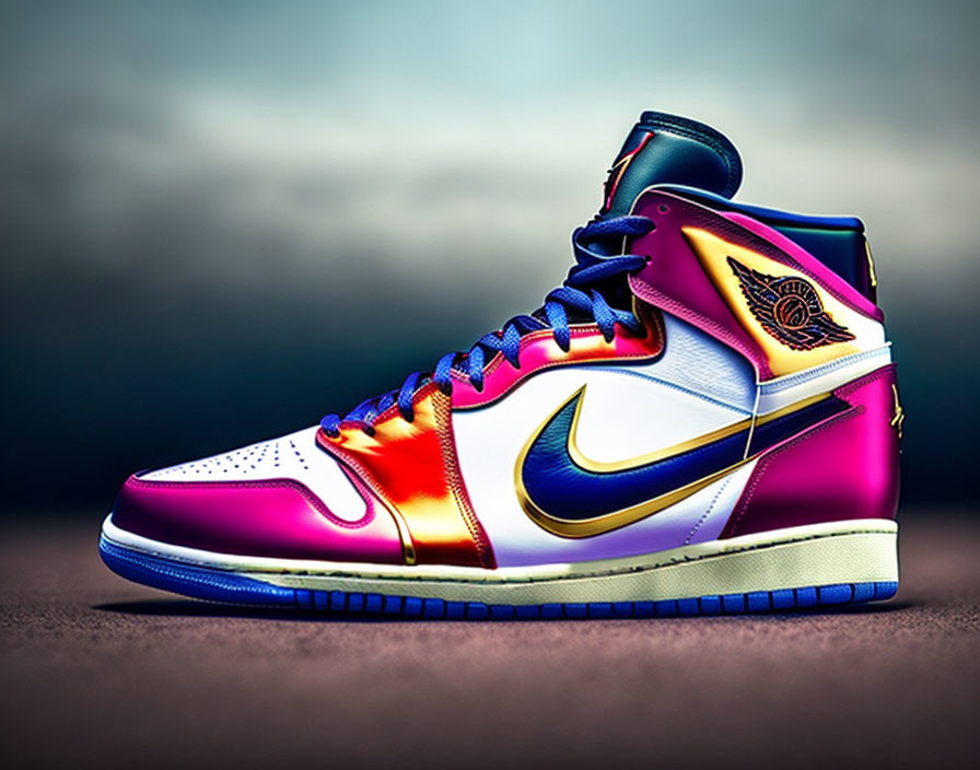 Colorful Nike Air Jordan 1 Sneaker with Purple, Red, and Gold Hues