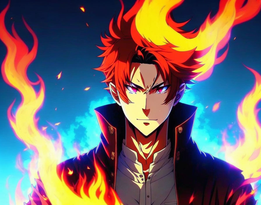 Fiery-haired animated character engulfed in flames on dark blue backdrop