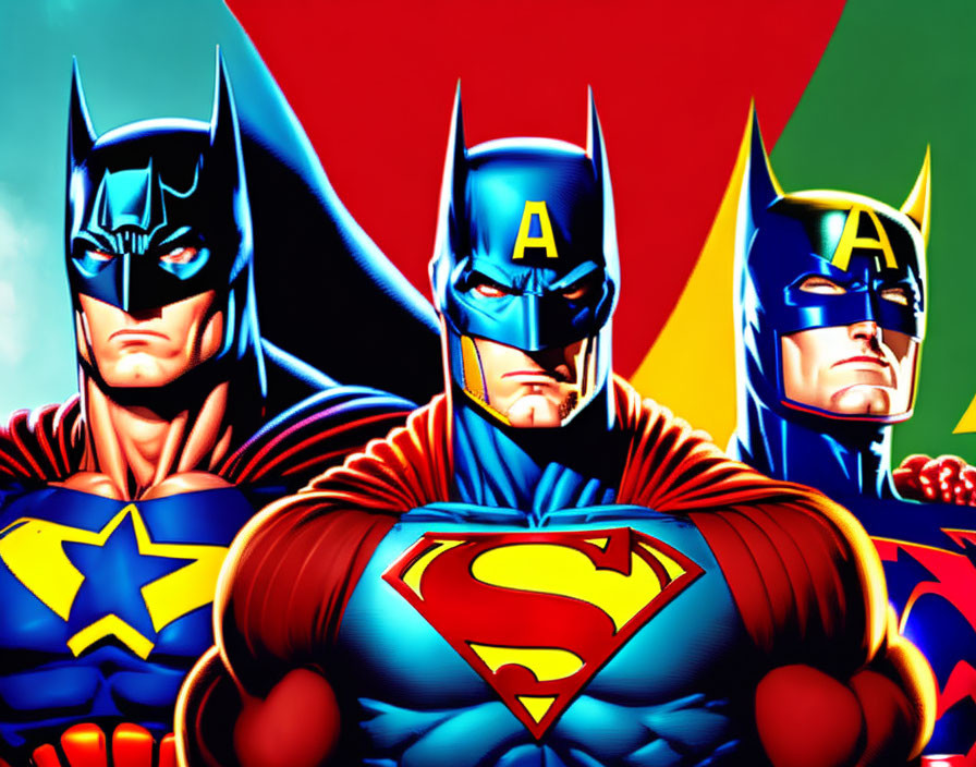 Three iconic superheroes with emblems in colorful illustration