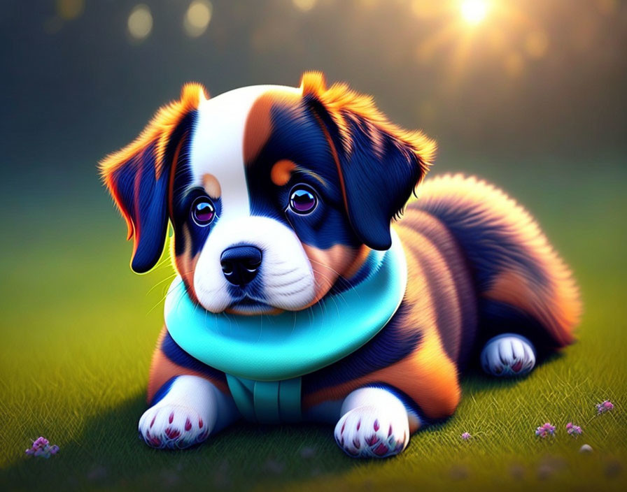 Colorful Puppy Lounging on Grass with Sunlight Background