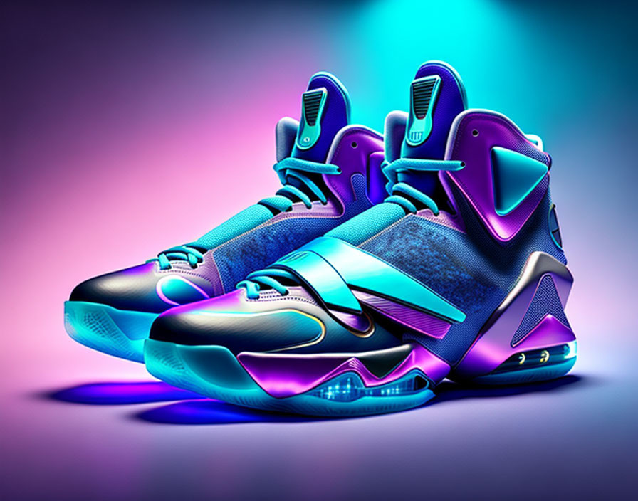 Blue and Purple High-Top Basketball Shoes with Futuristic Design