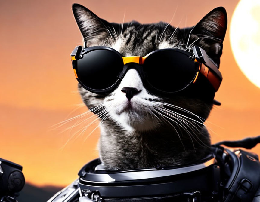 Futuristic cat with orange-tinted sunglasses and robotic body