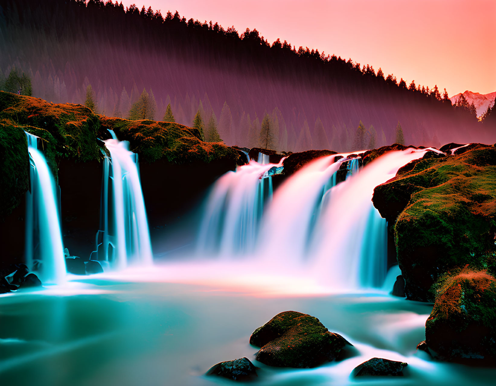 Tranquil waterfall scene with moss-covered rocks and trees under pink and orange sky