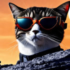 Futuristic cat with orange-tinted sunglasses and robotic body