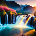 Tranquil waterfall scene with moss-covered rocks and trees under pink and orange sky