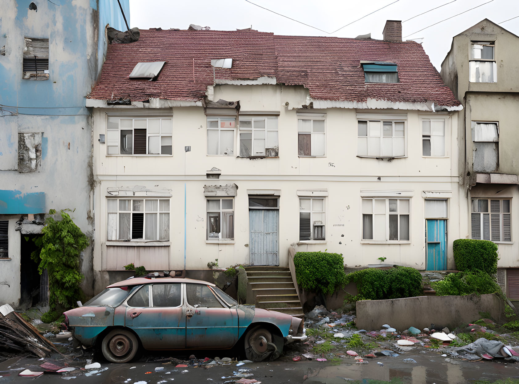 Weathered two-story building with damaged roof and rusty car on gloomy day