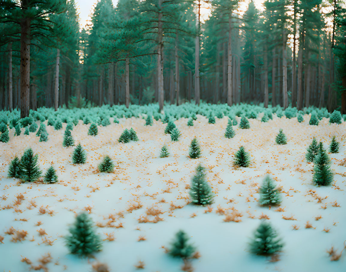 Tranquil winter forest with young pine trees in snow