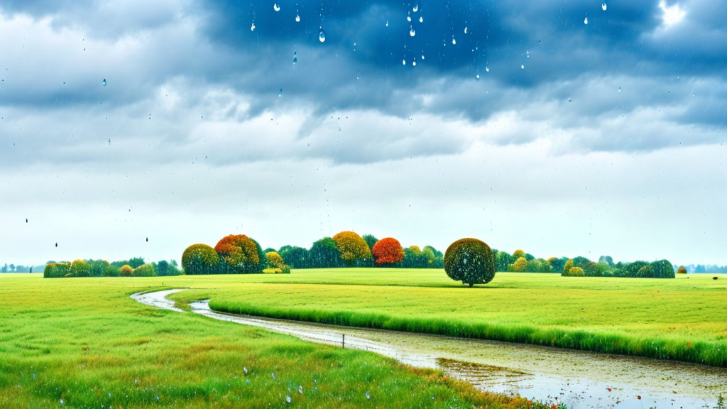 Colorful Trees and Winding Path in Vibrant Rural Landscape