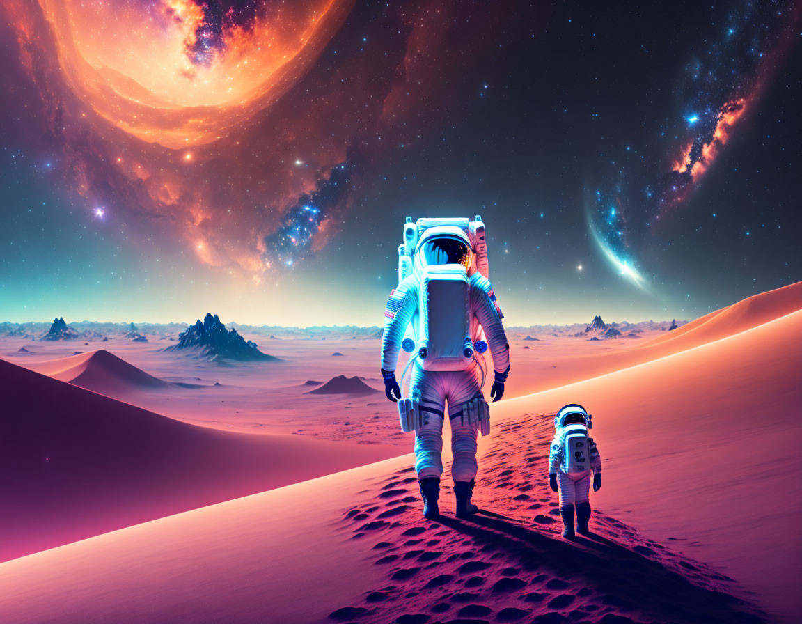 Astronaut and child astronaut explore alien desert with two planets