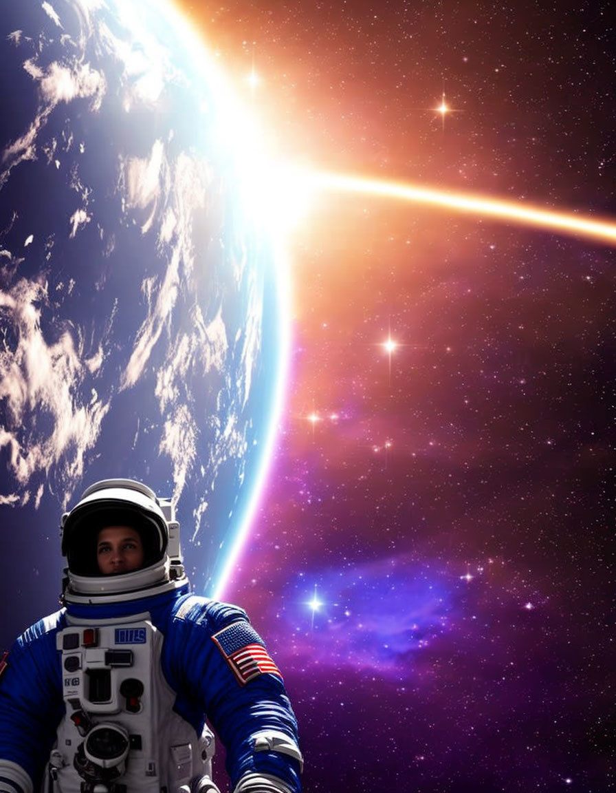 Astronaut in space suit floating near Earth's horizon with sun and stars.