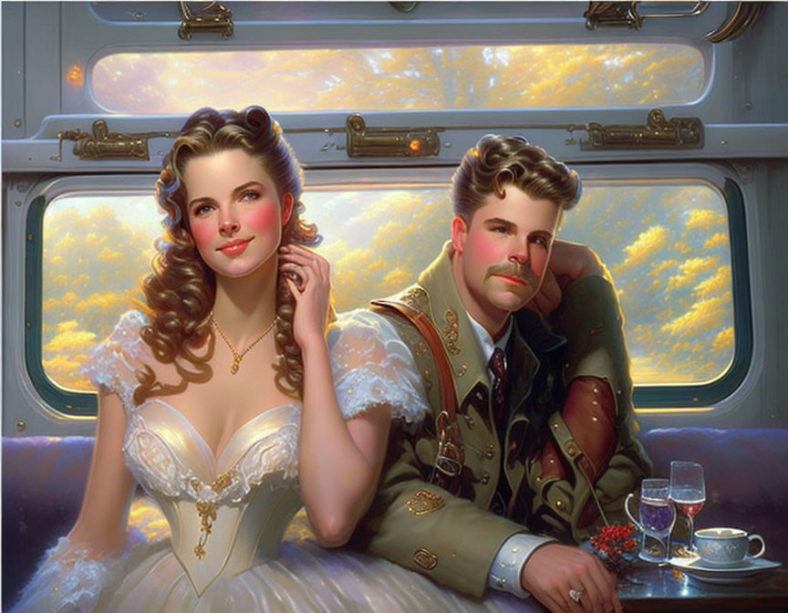 Retro-style illustration of a couple in ornate train car with scenic clouds.