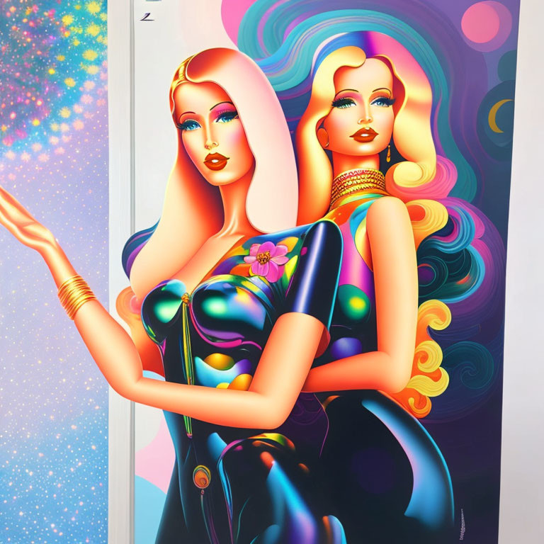 Colorful digital artwork: Stylized women with exaggerated features in vibrant setting