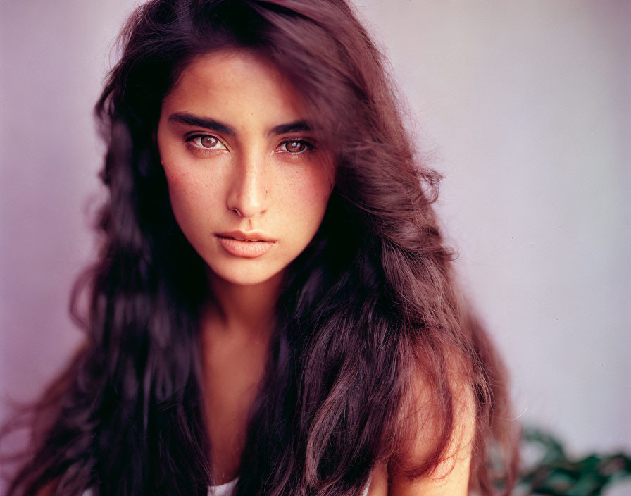 Woman with long dark hair and intense gaze portrait.