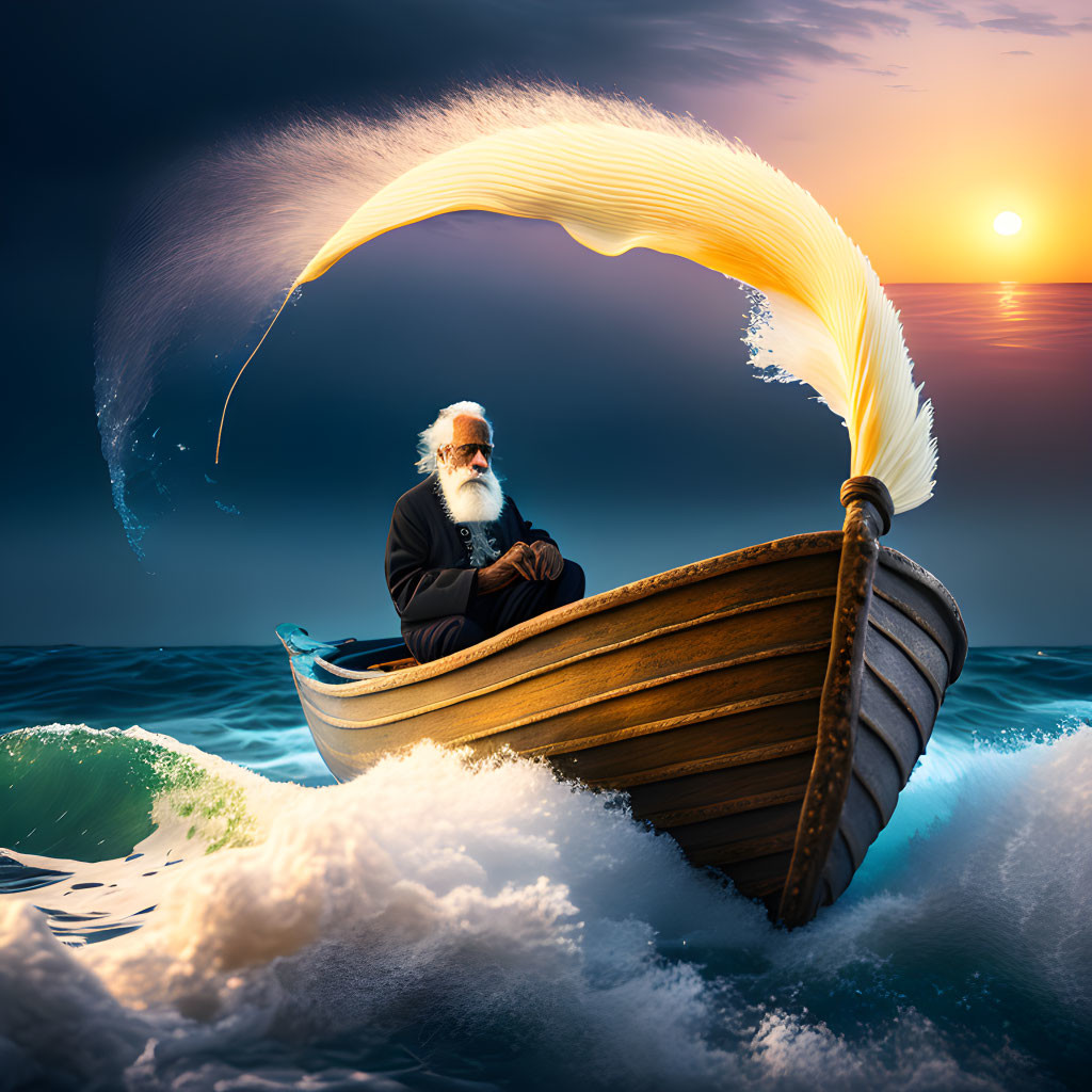 Elderly man with beard in wooden boat on wavy seas under surreal sky.