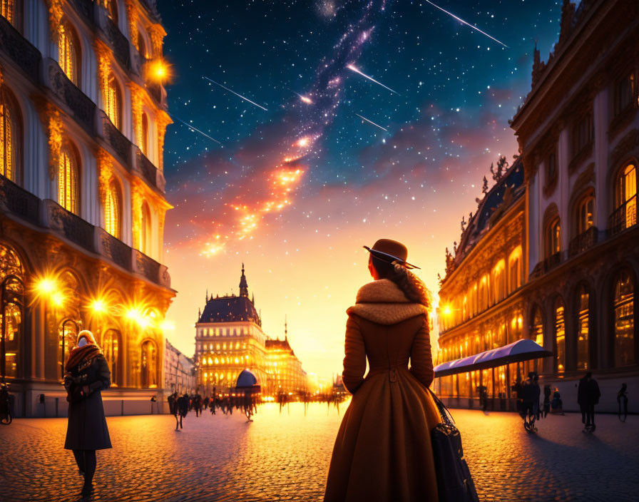 Woman in vintage coat and hat admires starry sky over historic city street at dusk