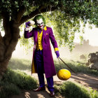 Person in Joker Costume with Crooked Cane and Stylized Lemon Under Tree