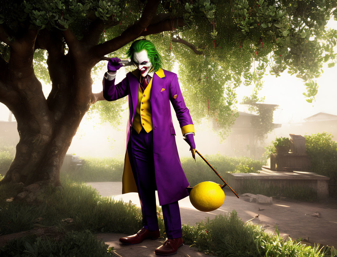 Person in Joker Costume with Crooked Cane and Stylized Lemon Under Tree