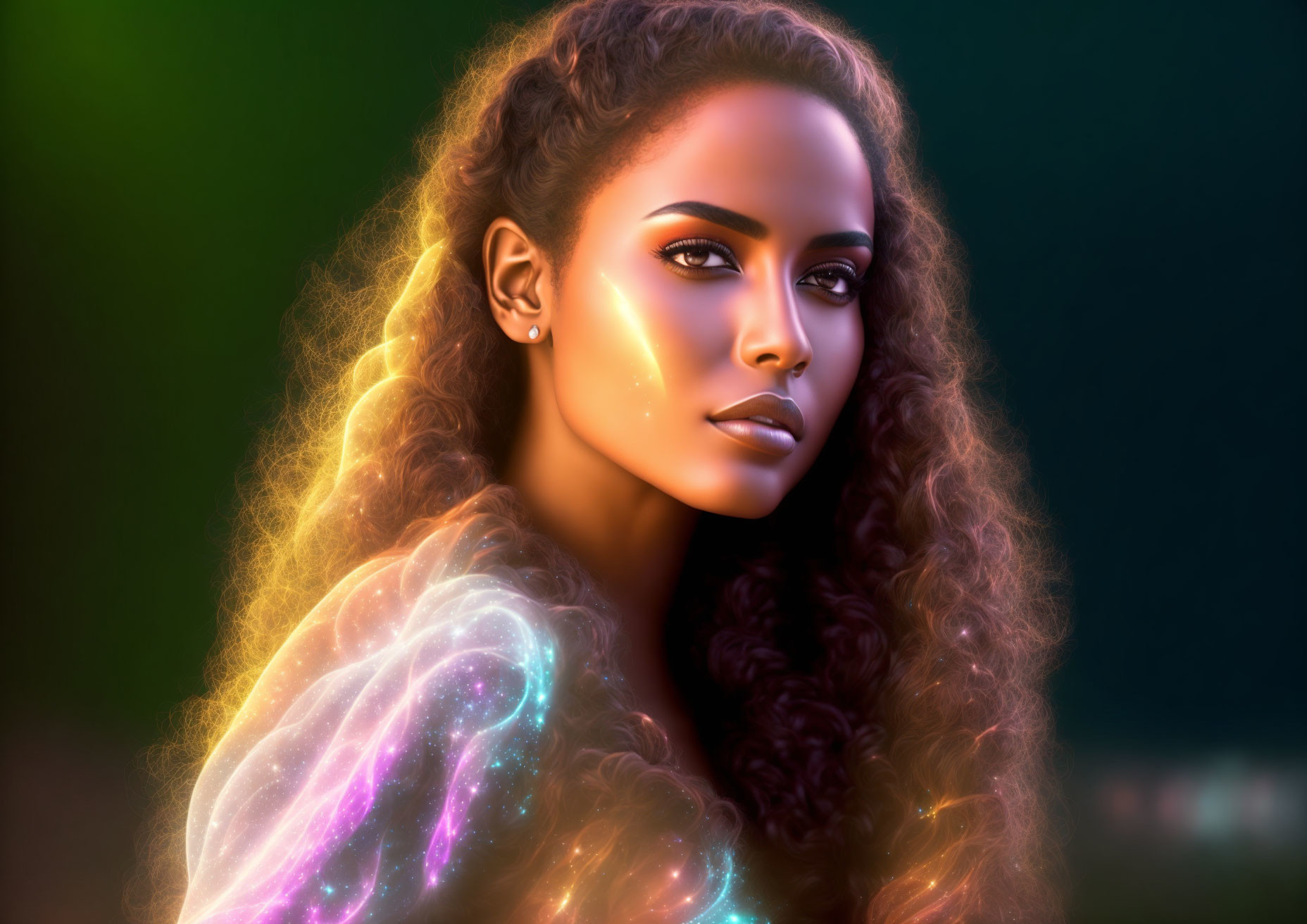 Glowing skin and hair in digital portrait with ethereal light and nebula effects