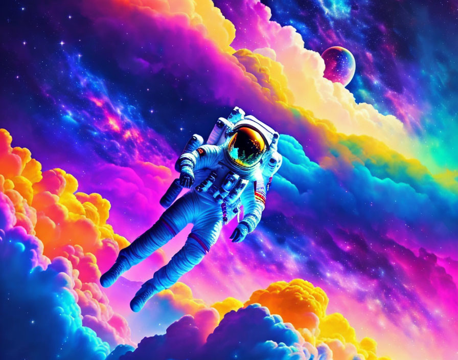 Vibrant astronaut in psychedelic space with rainbow clouds.