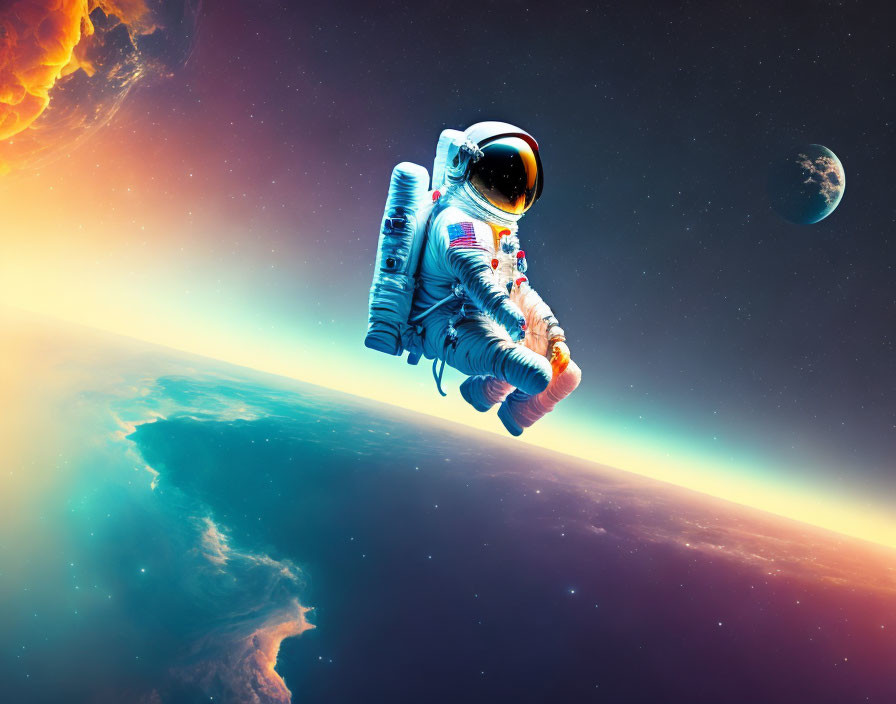 Astronaut with jetpack floating near Earth in space scene