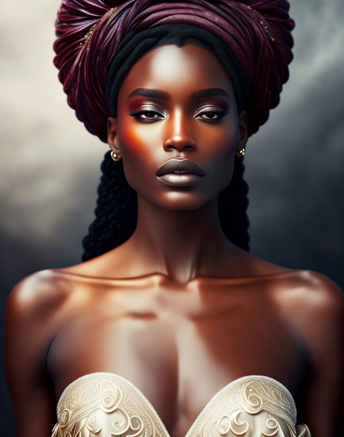 Portrait of woman with dark skin, bold makeup, and red headwrap.